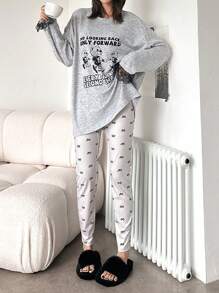 DAZY Cute Bear Cartoon Graphic Lace Patchwork Loose Blouse & Butterfly Print Form-Fitting Pajama Pants 2Pcs Sleepwear Set - Grey - View 6