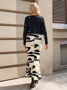 SHEIN 2pcs/Set Maternity Outfit - Black Long Sleeve Cardigan + Wave Pattern Slip Dress, Suitable For Autumn - Multicolor - View 3