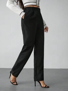 SHEIN Tall 休闲通勤简约高腰黑色裤子 - 黑色 - 查看 3