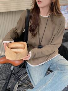 DAZY 女士撞色二合一休闲宽松长袖T恤，秋季服装 - 杏色 - 查看 1