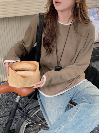DAZY 女士撞色二合一休闲宽松长袖T恤，秋季服装