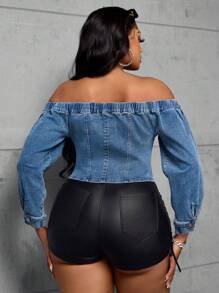 SHEIN SXY 大码纯色拉链露肩休闲长袖牛仔上衣