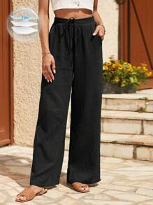SHEIN Frenchy Drawstring Waist Wide Leg Trousers - Black - View 6