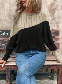 SHEIN LUNE Women Crew Neck Color Block Patchwork Fuzzy Textured Casual Commuter Elegant Street Wear Warm Base Layer Sweatshirt - Multicolor - View 3