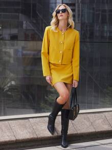 BizChic 女式全年百搭芥末黄圆领口袋珍珠纽扣长袖休闲工作夹克 - 黃色 - 查看 3