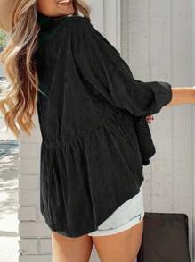 INAWLY Plus Size Women Button Down Casual Solid Color Shirt - Black - View 2