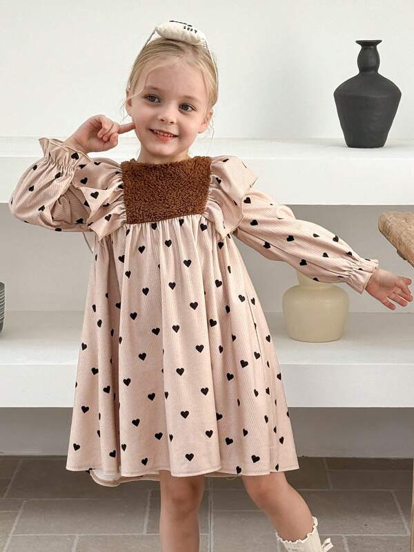 SHEIN LMoss Kids LMoss Young Girl Woven Heart Ruffle Hem Snug Fit Casual Dress