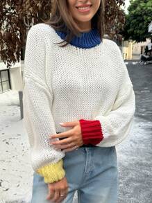 INAWLY Suéter informal de manga larga con cuello alto de bloque de color talla grande, suéter de punto para otoño e invierno - Multicolor - Ver 4