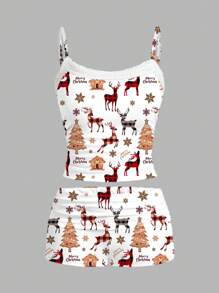 SHEIN EZwear 圣诞格子驯鹿蕾丝吊带背心和褶皱短裤两件套女士适合夏季 - 彩色 - 查看 1
