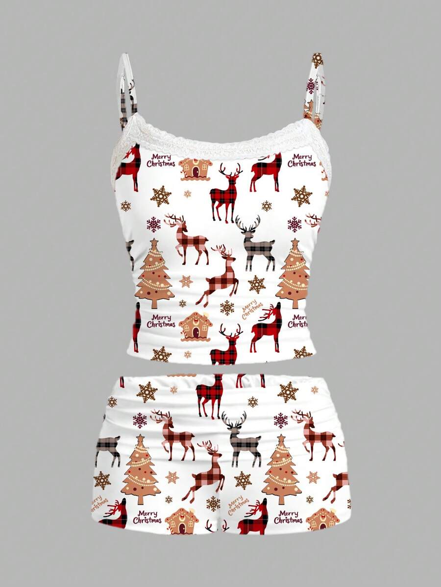SHEIN EZwear 圣诞格子驯鹿蕾丝吊带背心和褶皱短裤两件套女士适合夏季 - 彩色 - 查看 1