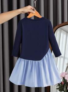 SHEIN Elladie kids Young Girl Color-Block Round Neck Long Sleeve Bow Decor Cute Dress For Autumn - Blue - View 2