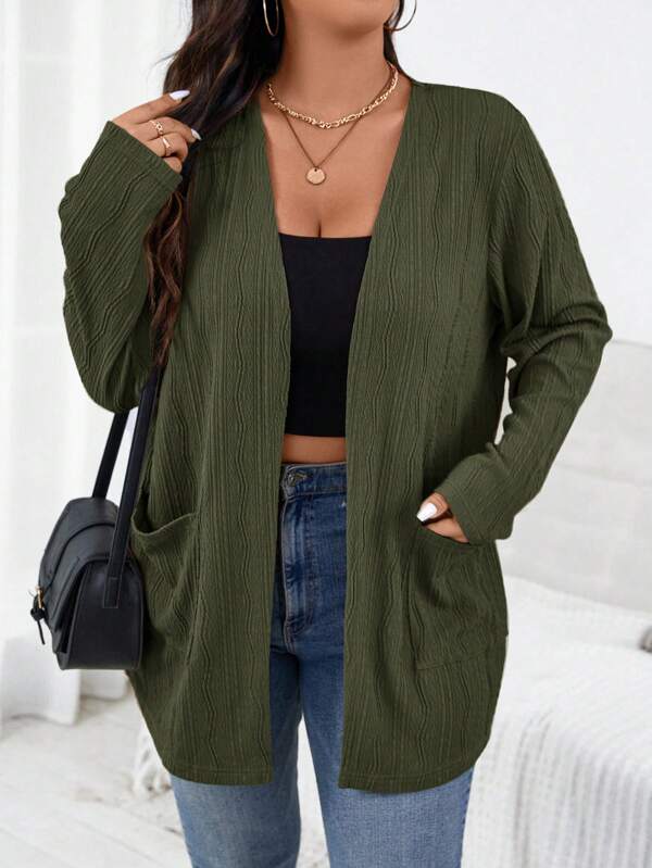 SHEIN Essnce Plus Size Dames Effen Lange Mouw Losse Casual Cardigan Met Dubbele Zakken, Herfst/Winter