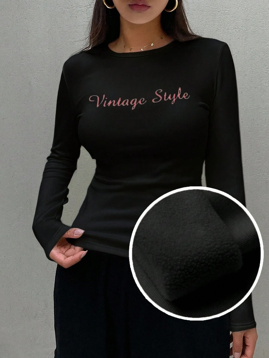 FRIFUL 女士圆领长袖字母印花休闲T恤，秋季学院风上衣，带保暖内衬