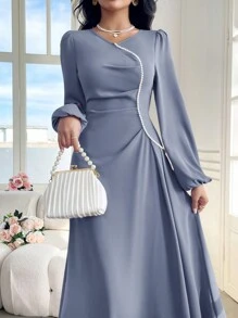 Modelyn Women Solid Color Crew Neck Long Sleeve Faux Pearl Decor Minimalist Casual Arabian Modest Dress Long Evening Dresses