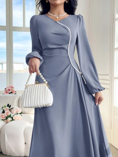 Modelyn Women Solid Color Crew Neck Long Sleeve Faux Pearl Decor Minimalist Casual Arabian Modest Dress Long Evening Dresses