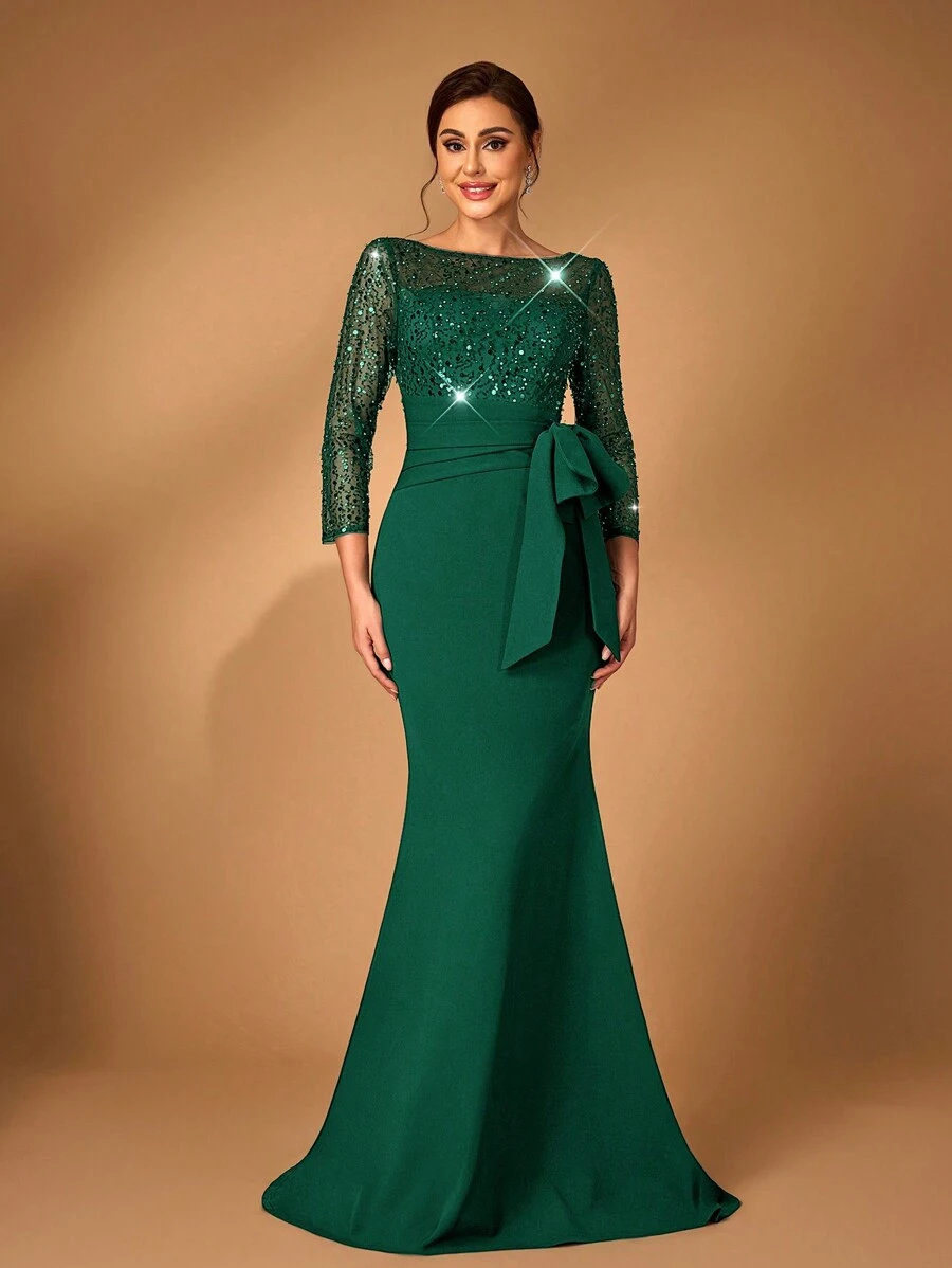 Serin Váy cưới dài đuôi cá quyến rũ thanh lịch, tay dài, đính cườm và sequin, cạp chun, thiết kế nơ xếp nếp, eo cao dành cho mẹ cô dâu - Màu xanh lá cây đậm - Xem 1
