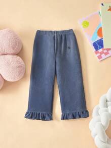 THE HAPPY LOOK 女童灰蓝色荷叶边弹力腰刺绣休闲百搭七分裤，秋冬款 - 藍色 - 查看 1