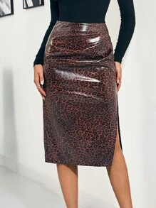 SHEIN Clasi Elegant Women's Winter PU Leopard Print Pleated Design High Waist Split Thigh Pleats Skirt