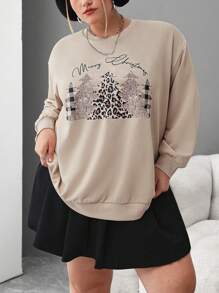SHEIN CURVE+ Plus Size Women Casual Leopard Print Christmas Tree & Slogan Graphic Loose Crew Neck Long Sleeve Sweatshirt, Suitable For Christmas, Fall And Winter