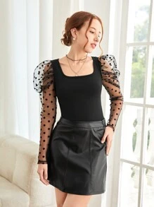 SHEIN Bộ đồ 2 món cho bé gái tuổi teen, áo len tay bồng phối lưới đen tương phản và chân váy thẳng bằng da PU, trang phục đi làm thanh lịch, bộ đồ trở lại trường - màu đen - Xem 7