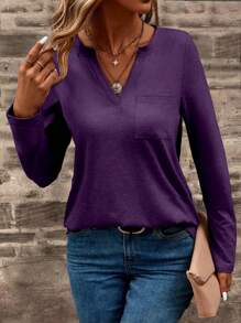 EMERY ROSE 休闲纯色缺口领长袖 T 恤，秋季 - 紫色 - 查看 5