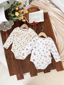 SHEIN 2 Stücke Baby Mädchen Herbst/Winter Lässige bequeme elegante französische Blumen Rüschen Romper Set, hochwertig effektives Outfit, hautfreundlicher weicher Stoff