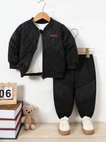 男婴撞色拼接拉链袋鼠口袋绗缝飞行员夹克和运动裤