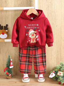 SHEIN 2 Stück/Set Baby Jungen/Mädchen Weihnachts Cartoon Rentier Kapuzenpullover & karierte Hose Set, Herbst/Winter - Verschiedenfarbig - Übersicht 5
