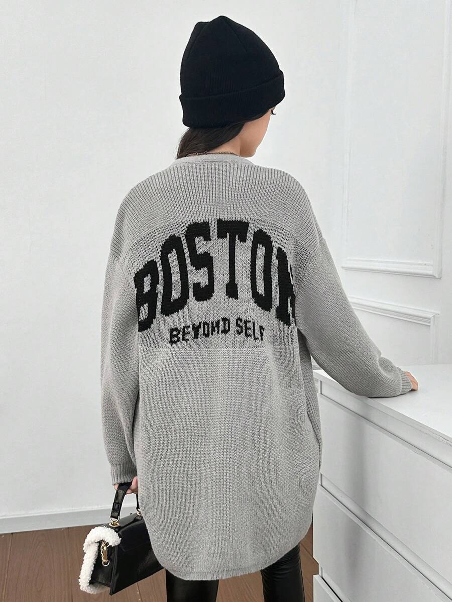 Tween Girl 休闲文字标语 BONSTON 印花宽松落肩泡泡袖后背印花口袋针织开衫，适合秋冬休闲搭配 - 淺灰色 - 查看 1