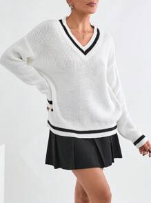 SHEIN Cottnline 女士休闲宽松 V 领条纹长袖套头毛衣 秋季秋装 秋季女装 - 黑與白 - 查看 4