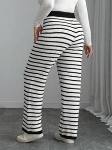 Franclia Plus Size Knitted High Waist Striped Colorblock Casual Commuter Women Sweater Pants