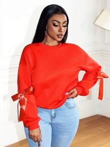 Zolique Women's Solid Color Crew Neck Luxury Elegant Ribbon Bow Design Sweatshirt Winter Women Clothes Christmas Sweatshirt Christmas Sweater Thermal Pullover Fall Outfit