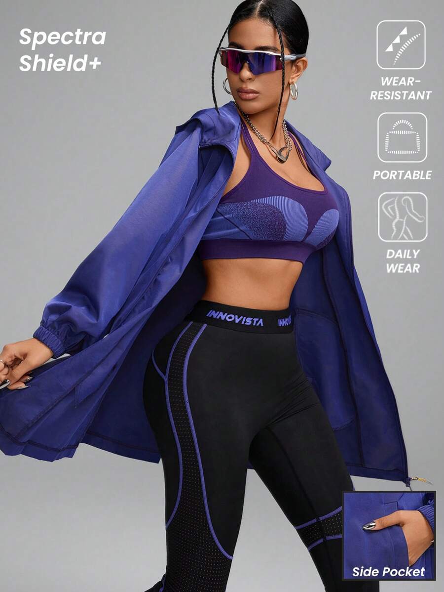 Innovista 女士纯色连帽全拉链常规夹克，户外外套 - 藍色 - 查看 1