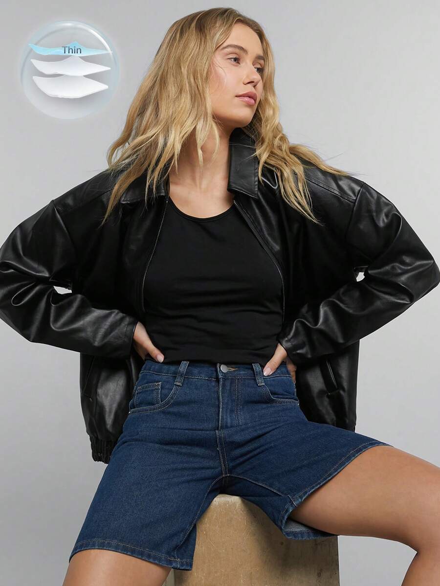 Easelle Casual And Stylish Zippered Off-Shoulder PU Leather Jacket - Black - View 1