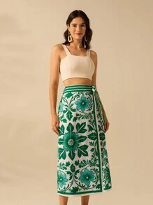 CAJUNI Váy quấn ren họa tiết xanh trắng in hình bãi biển mùa hè phong cách Boho dành cho nữ mùa hè - màu xanh lá - Xem 3