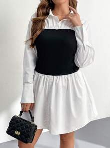 SHEIN Essnce Plus-Size Women's Shirt Dress, 2 In 1 Dress, Black And White Dress, Casual Long-Sleeved Shirt Dress, Fall Dress Fall Women Dresses,Turtleneck Long Sleeve - White - View 6