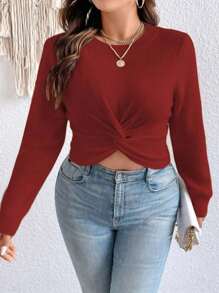 SHEIN Clasi بلوزة تريكو كاجوال بياقة مكشوفة مقصرة مع ثني لطيف، لون المشمش، مقاس كبير للنساء، موسم الخريف/الشتاء