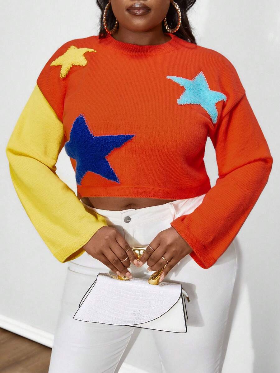 Maweii Plus Black Crew Neck Long Sleeve Contrast Color Star Pattern Cropped Sweater, Autumn/Winter Knit Pullover Fall - Orange - View 1
