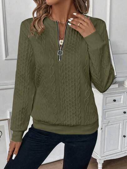 SHEIN LUNE Women Solid Color Zip-Up Half Placket Long Sleeve Casual Hoodie, Autumn Pullover Fall Outfit