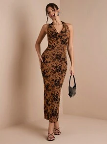 SHEIN BAE Đầm hở lưng xếp nếp không tay họa tiết hoa cho nữ - màu nâu - Xem 3