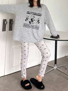 DAZY Cute Bear Cartoon Graphic Lace Patchwork Loose Blouse & Butterfly Print Form-Fitting Pajama Pants 2Pcs Sleepwear Set - Grey - View 5