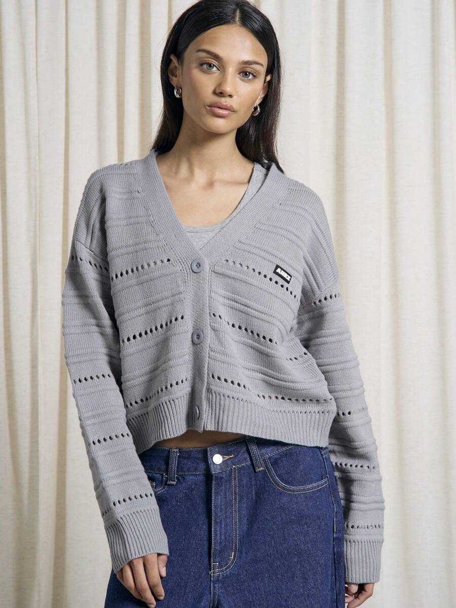 AiiRZ Áo len cardigan cài nút Pointelle cho mùa thu đông nhẹ họa tiết gân dài tay áo crop top thời trang dệt kim - Xám - Xem 1