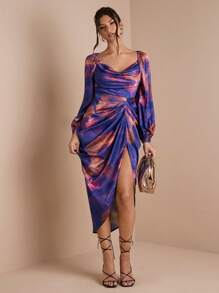 SHEIN BAE Women's Autumn/Winter Long Sleeve Lantern Sleeve Front Draped Collar Printed Pleated High Slit Maxi Party Dress - Purple - View 6