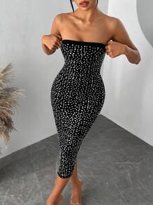 SHEIN SXY Casual Solid Knit Mesh Rhinestone Decor Slim Fitted Midi Dress For Women - Black - View 5