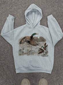 Manfinity Dauomo 男士休闲动物印花羊毛连帽衫，秋冬款 - 灰色 - 查看 1