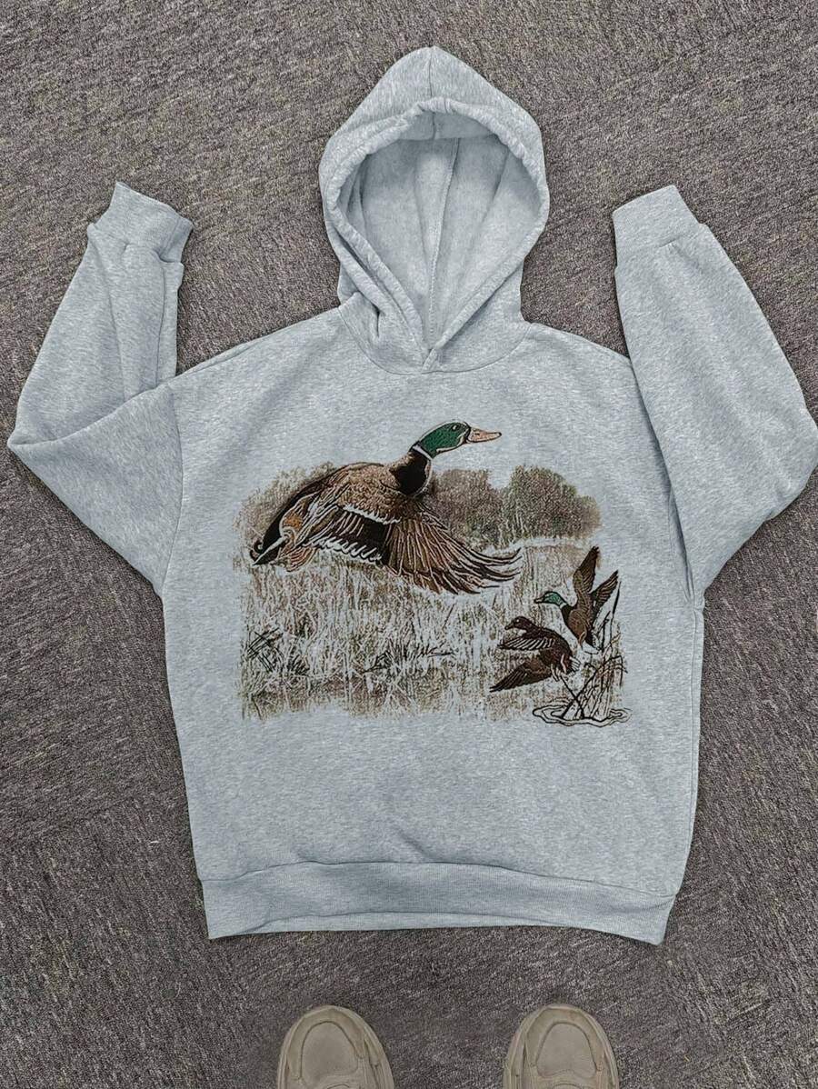 Manfinity Dauomo 男士休闲动物印花羊毛连帽衫，秋冬款 - 灰色 - 查看 1