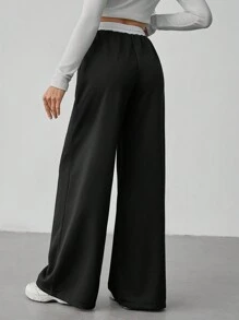 SHEIN Tall 女款撞色腰阔腿裤 - 黑色 - 查看 2