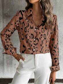 SHEIN LUNE Plus Size Front Button Long Sleeve Collared Leopard Print Top, Random Print Women Shirt - Brown - View 4