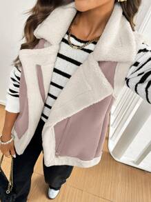 SHEIN Frenchy Chaleco con forro térmico de solapa holgado y casual con cremallera para mujer, abrigos largos de mujer de otoño e invierno para la temporada de otoño