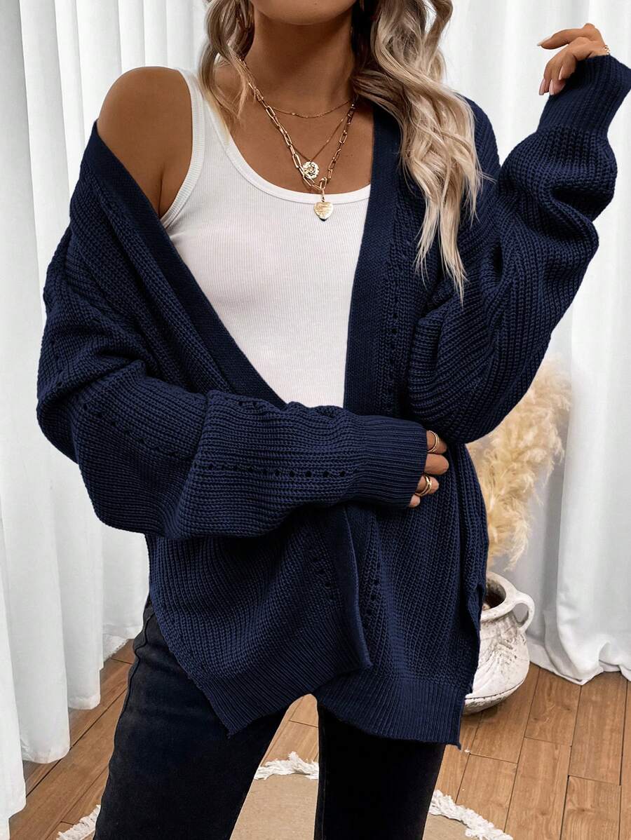 SHEIN LUNE 女士纯色长袖开衫休闲衬衫，日常穿着 - 藍色 - 查看 1